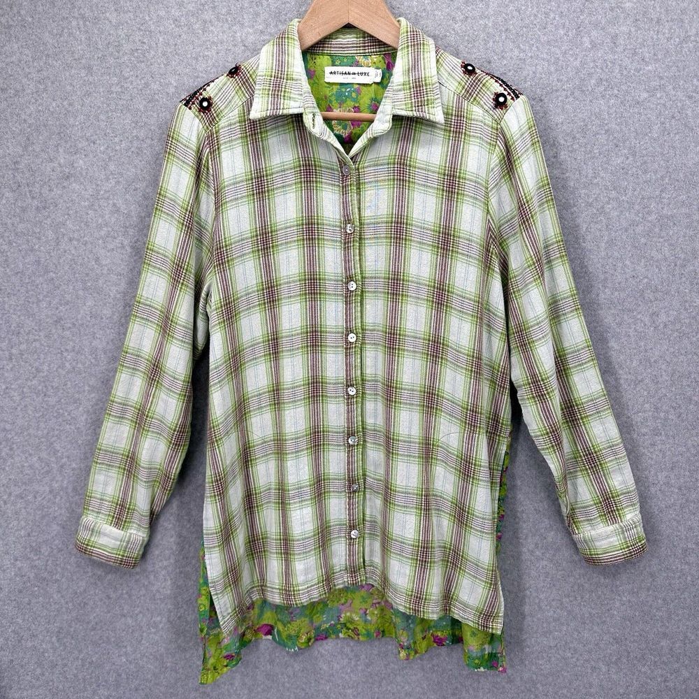 Artisan de Luxe Women's Button Up Flannel Hi/Low Mixed Fabric Shirt Size Small